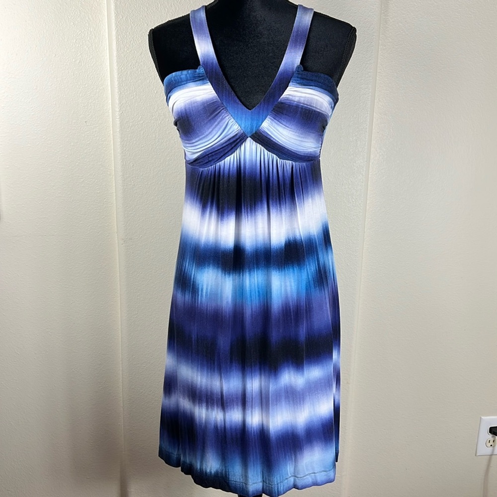 Calvin Blue and White Tye Dyed Sleeveless Empire Waist Midi Dress | Size 6
